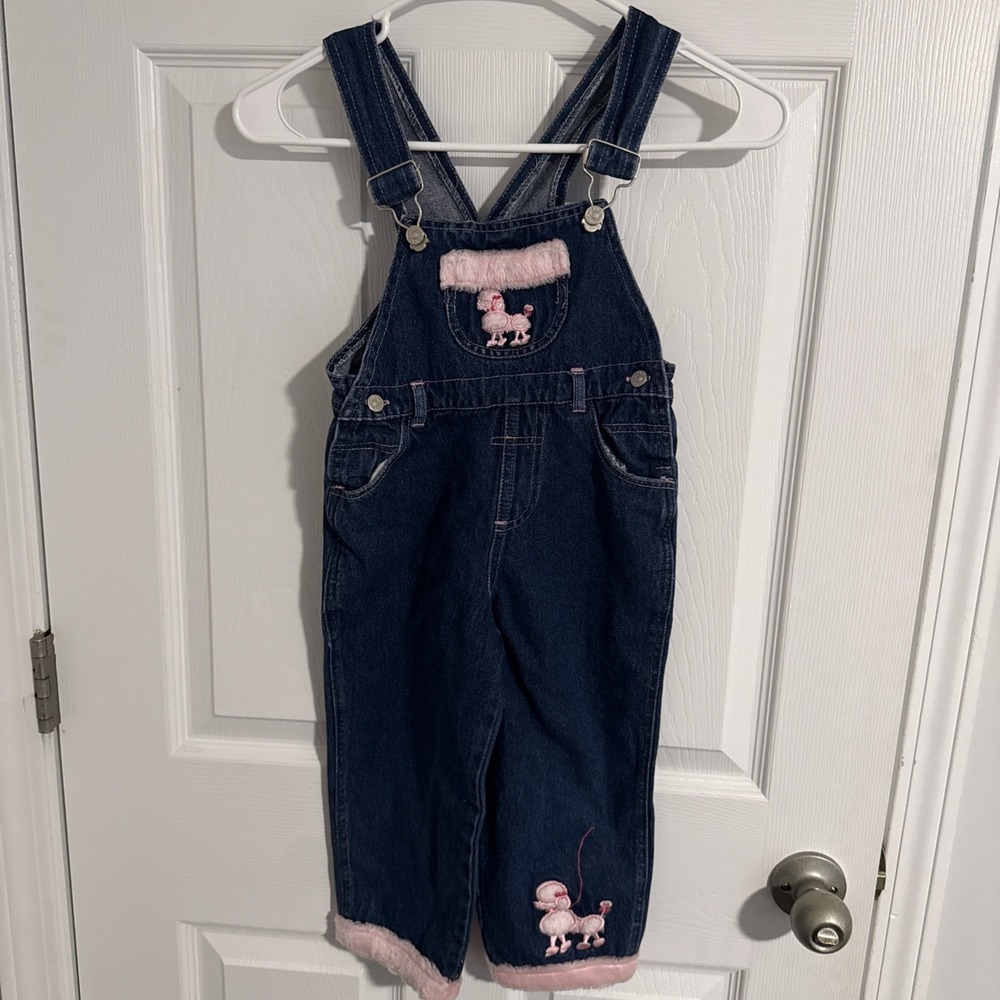Vtg Miss Lana Denim Todder Overalls With Fluffy Pink Poodles Girls 4T